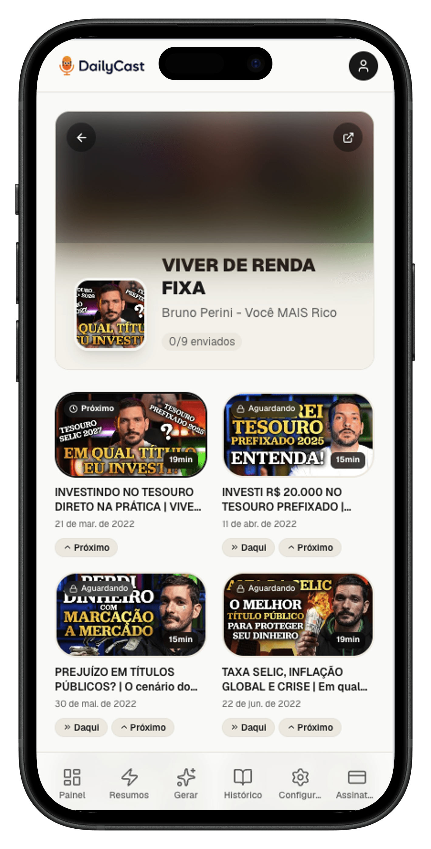 App do DailyCast resumindo uma playlist do YouTube, vídeo por vídeo