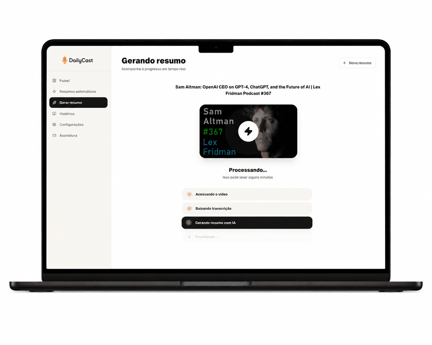 Plataforma DailyCast gerando resumo do Lex Fridman com Sam Altman