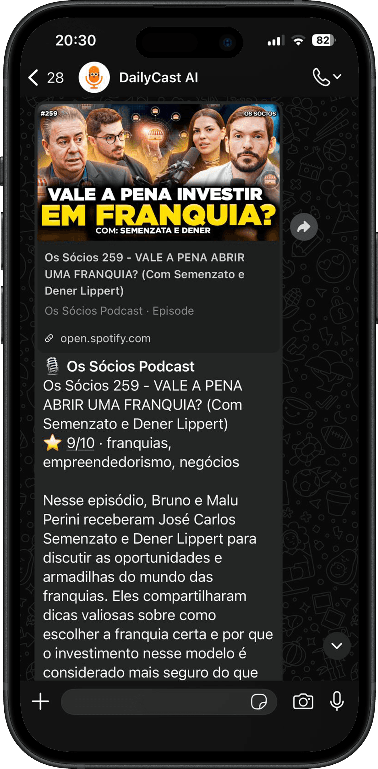 Resumo de um episódio de podcast entregue no WhatsApp pelo DailyCast